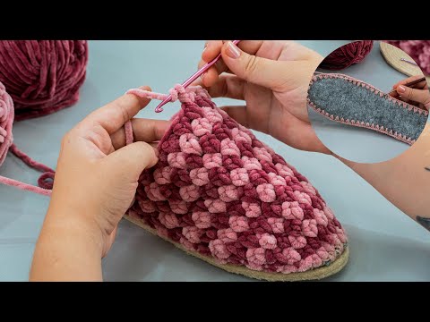 Видео: Следки/тапочки на подошве крючком из плюшевой пряжи - тепло и комфортно!