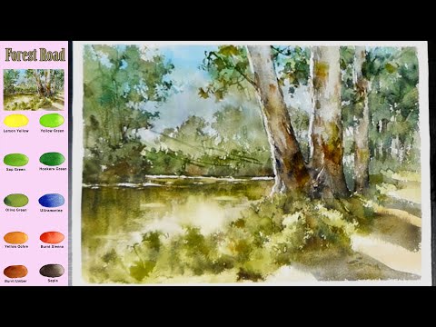 Видео: Без эскиза  Пейзаж Акварель -  Лесная дорога  (смешение цветов)