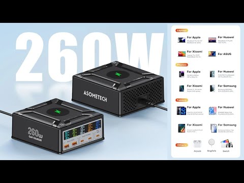 Видео: Зарядное устройство 260W Asometech Model 868D PD 3.1 дисплей Беспроводная зарядка пять портов USB