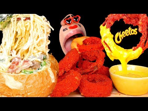 Видео: [ASMR MUKBANG] Кремовая паста с хлебом и луковым кольцом