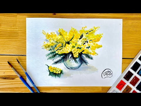 Видео: Легкий и красивый рисунок акварелью для начинающих - букет мимозы