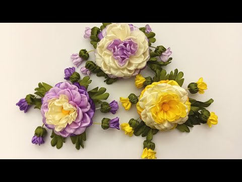 Видео: Ribbons Flower and buds.DIY/Flor con brotes de cintas/Цветок с бутонами из лент 2.5см