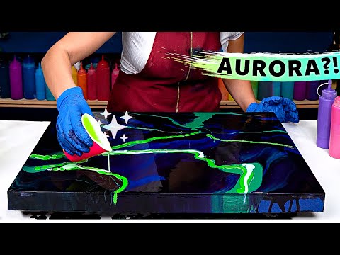 Видео: Северное сияние💚 Идея светящегося в темноте пейзажа | Фосфоресцирующая акриловая заливка - флюид арт