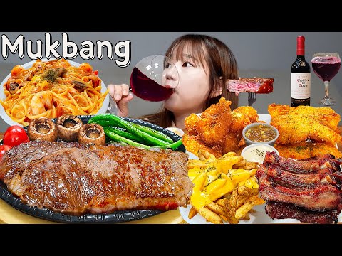 Видео: Sub)Real Mukbang- Стейк, Паста, Свиные ребрышки 🥩 (Домашний ресторан 🍽) Вино 🍷 ASMR