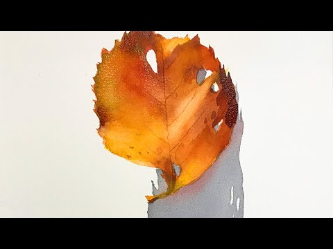 Видео: Картина №16 — акварельный рисунок осеннего листа, выполненный методом «мокрое по мокрому».