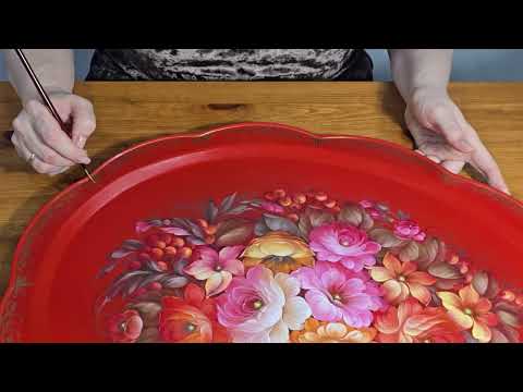 Видео: Роспись красного подноса в стиле Жостово. Проект завершен.