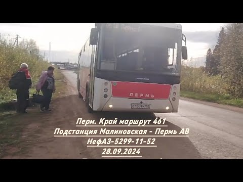 Видео: Перм. Край ~ Маршрут 461 ~ Пермь АВ - Подст. Малиновская ~ НефАЗ-5299-11-52  ~ 28.09.2024 ~ лайк пж