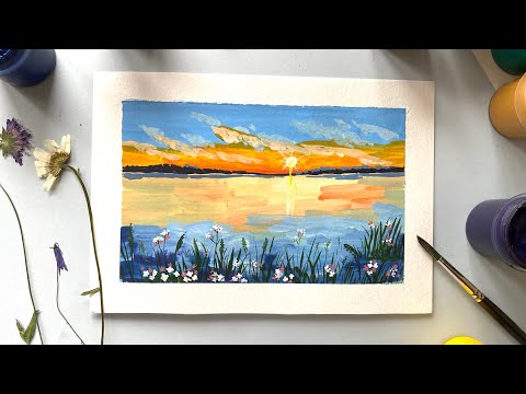 Видео: Как легко нарисовать пейзаж гуашью | Рисуем закат на озере | Пошаговое рисование для начинающих