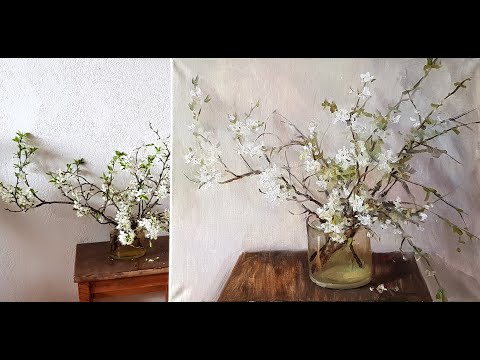 Видео: Живопись маслом. Натюрморт с цветущей вишней. Как быстро написать фон.