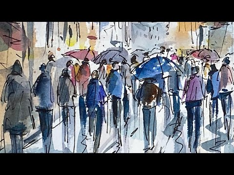 Видео: Линия и размытие. Люди, уличная сцена, акварель.