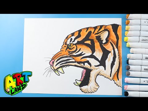 Видео: Как нарисовать морду рычащего тигра