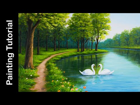 Видео: Как нарисовать лесное озеро с лебедями | Урок по акриловой живописи