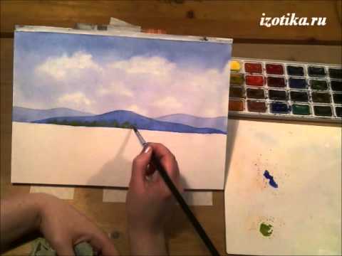 Видео: Акварель. Пейзаж с холмами и полем