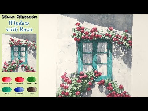 Видео: цветок Пейзаж Акварель -   Окна с розами (wet-on-dry. Arches rough)NAMIL ART