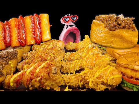 Видео: Burger Trio & Гигантские суши с говядиной Инари и жареная курица! 🍗🦐🍜 ASMR Mukbang Eating Show :)
