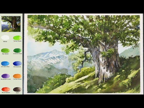 Видео: Пейзаж Акварелью - Между деревьями (скорость 2X, представление названия цвета, акварельный материал)