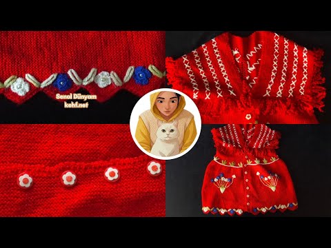 Видео: Красный вязаный жилет-накидка с цветочным орнаментом и оборками