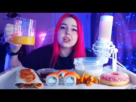 Видео: Роллы,ролл с говядиной,картофель по деревенски и клубничный пончик мукбанг/еда на камеру mukbang