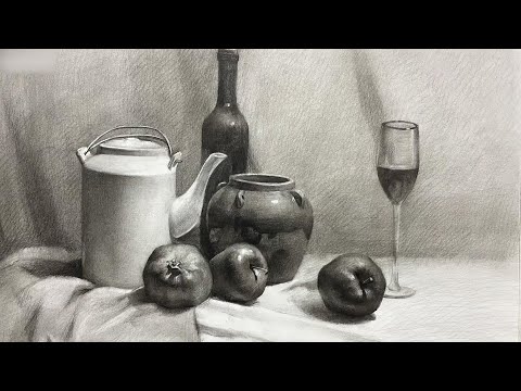 Видео: Демонстрация рисунков натюрморта карандашами.