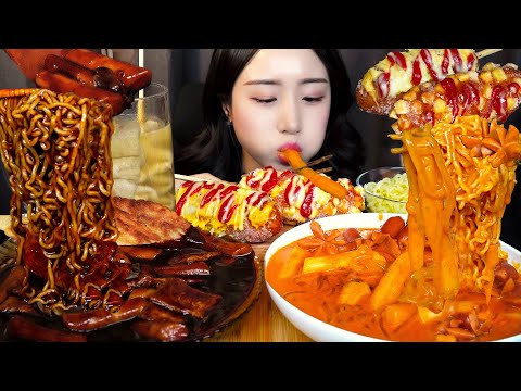 Видео: SUB)Острый ттокпокки & Черная лапша ASMR МукбангㅣСОСИСКИㅣSpicy Tteokbokki Mukbang Korean