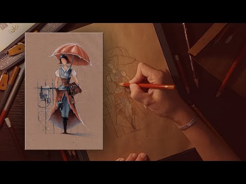 Видео: Костюм в стиле стимпанк. Рисуем карандашами на крафте. Видео урок по графике