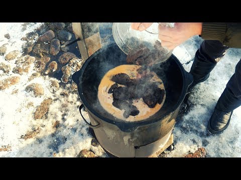 Видео: ПЕЧЕНЬ ПО-СТРОГАНОВСКИ В КАЗАНЕ НА КОСТРЕ