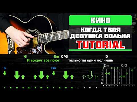 Видео: Как играть Кино - Когда Твоя Девушка Больна на гитаре (Соло + Ритм)! Разбор (табы, аккорды и бой)