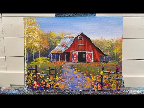Видео: Осенний амбарный пейзаж ~ Урок по акриловой живописи
