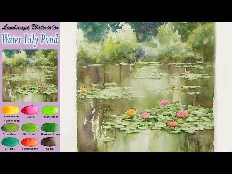 Видео: Водяная лилия   пруд - Рисование Ландшафтная акварель  (wet-in-wet, Arches) NAMIL ART