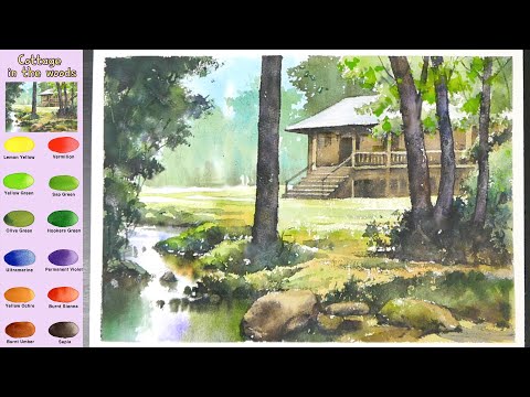 Видео: Коттедж в лесу -  Пейзаж Акварель  (эскиз и  название цвета,  акварельный материал)