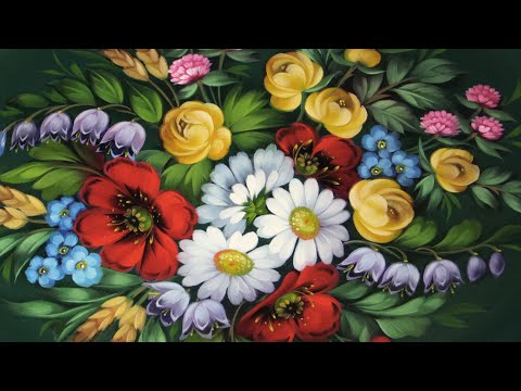Видео: Рисуем цветы на Жостовском кованом подносе. Букет на зеленом фоне. Лариса Гончарова из Жостово