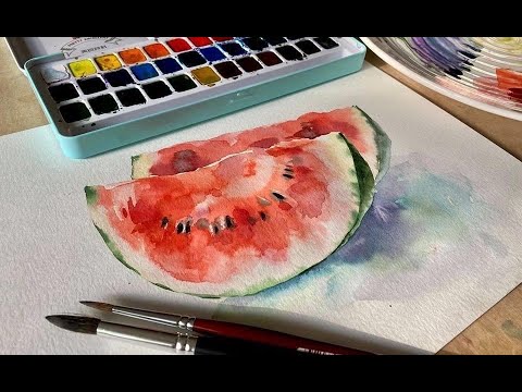 Видео: Рисуем сочный арбуз акварелью