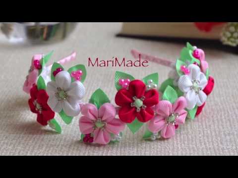 Видео: Канзаши Ободок Цветы из Ленты МК Kanzashi Flower Flores Headband カンザシ