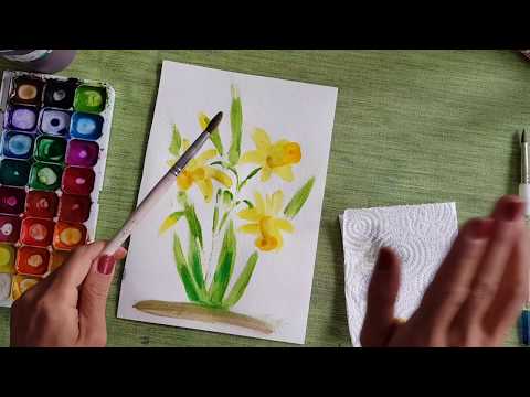 Видео: Как да нарисуваме нарциси с пръсти с акварел