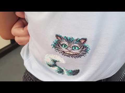 Видео: Вышивка на одежде. Чеширский кот от Abris Art . От обзора до готовой работы.