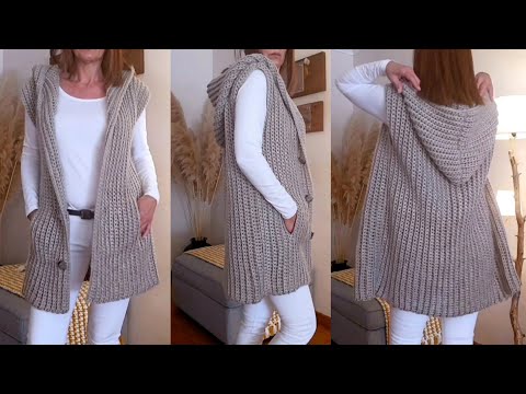 Видео: Как #связать жилет/куртку/кардиган с капюшоном крючком.
