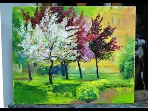 Видео: Картина маслом "Цветущие яблони в Юсуповском парке". Пленэр