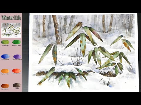 Видео: Пейзаж Акварель -  Зимняя жизнь  (эскиз и  вид смешения цветов)