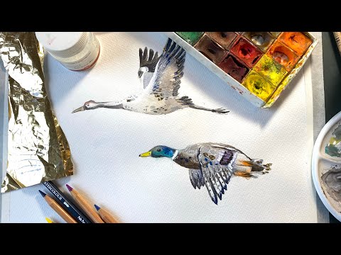 Видео: Рисуем утку 🦆 Рисуем весенний паттерн 🖌 акварель, карандаши, поталь / КРЯКВА