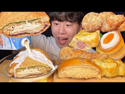 Видео: SUB) Корейский мамонтовый хлеб, колбасный хлеб, кремовый хлеб, муссовый торт мукбанг asmr