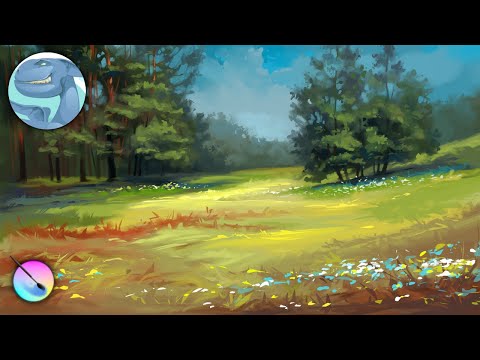 Видео: Швидкий нарис в Krita - Краєвид з лісом та дрібними квіточками