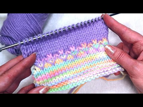 Видео: Оригинальная идея перехода между цветами при вязании спицами. Узор спицами всего 2 ряда. 254