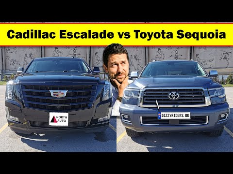 Видео: Cadillac Escalade vs Toyota Sequoia: сблъсък на титани!