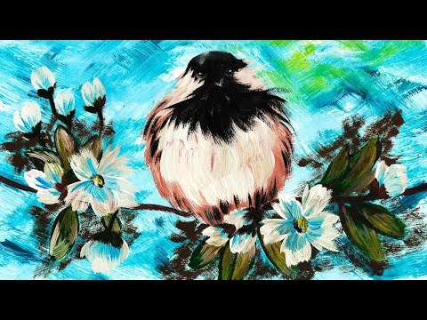 Видео: Как нарисовать воробья красками гуашь. Рисуем цветущую яблоню гуашью. Мастер класс, весенний пейзаж.