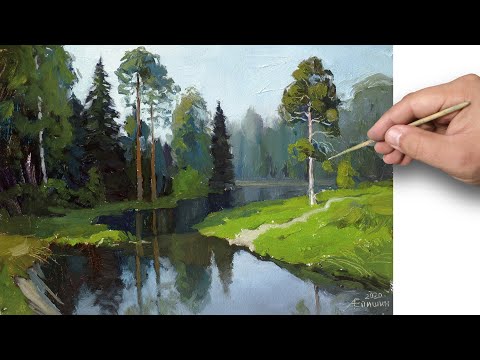 Видео: Живопись маслом: пейзаж с рекой и лесом | Oil painting: landscape with river and forest