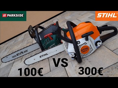 Видео: Сравнение бензопил Parkside PBKS 53 A1 мощностью 2 кВт и Stihl MS 211 мощностью 1,7 кВт.