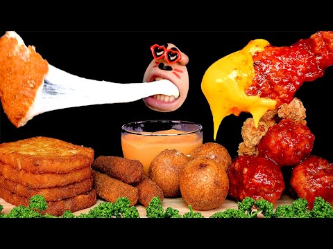 Видео: сырная острая курица и квадратная картошка фри и сырная палочка и сырный шарик