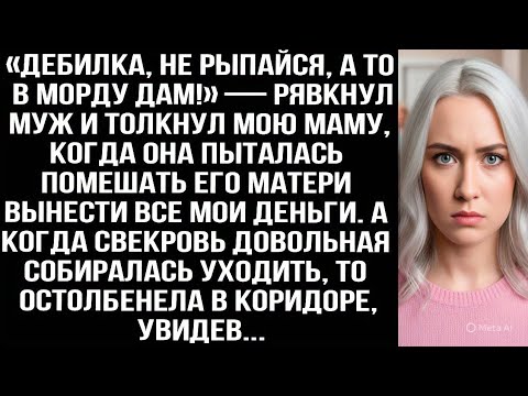 Видео: «ДEБИЛКА, НЕ РЫПАЙСЯ!» — РЯВКНУЛ МУЖ И ТОЛКНУЛ МАМУ, КОГДА ТА МЕШАЛА СВЕКРОВИ ВЫНЕСТИ МОИ ДЕНЬГИ.