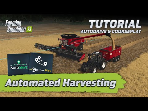 Видео: Сбор урожая, разгрузка и доставка с помощью Autodrive и Courseplay — FS25