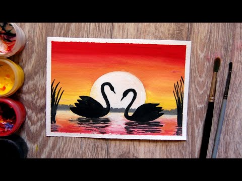 Видео: Как нарисовать закат гуашью для начинающих. Лебеди на закате
